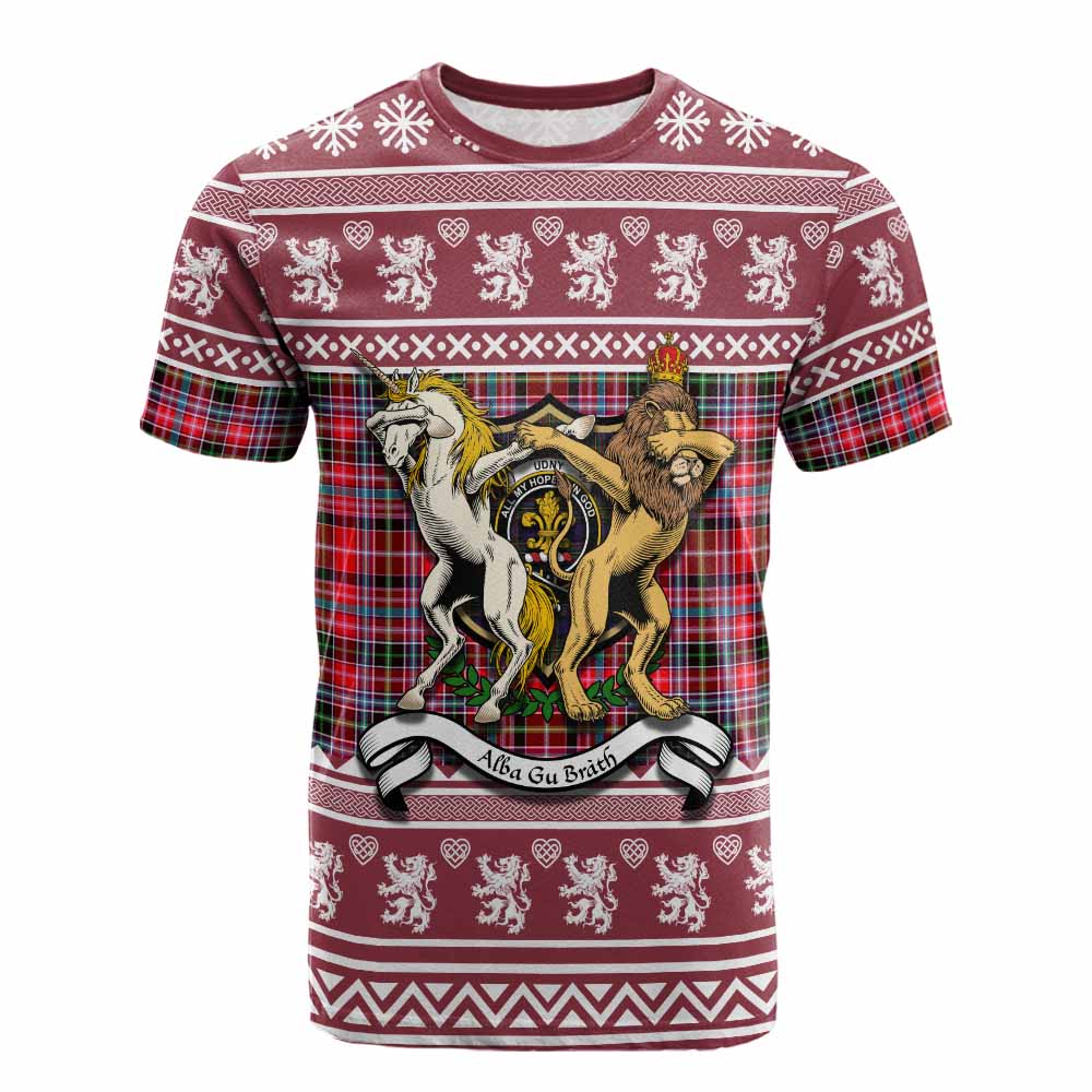 Udny Clan Tartan Crest Christmas Cotton T-shirt Coat of Arms Funny Style - Tartan Vibes Clothing