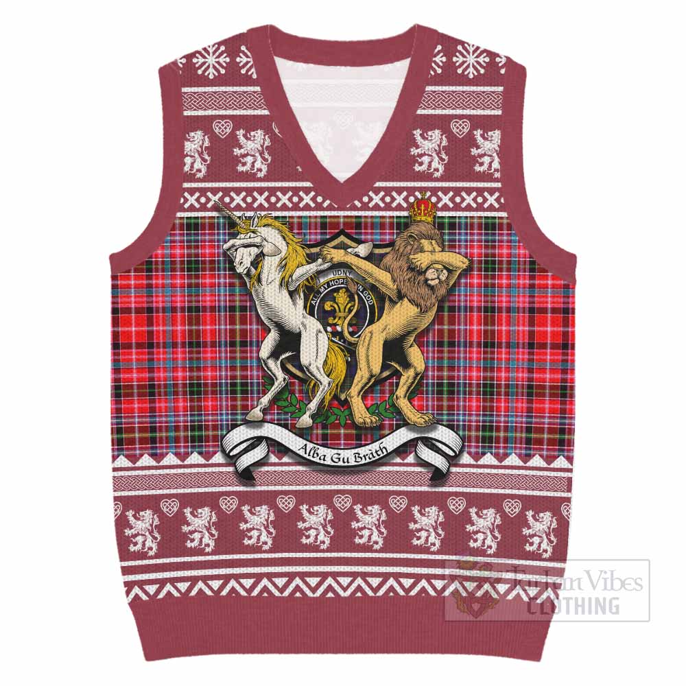 Udny Clan Tartan Crest Christmas Knitted V-Neck Vest Coat of Arms Funny Style - Tartan Vibes Clothing