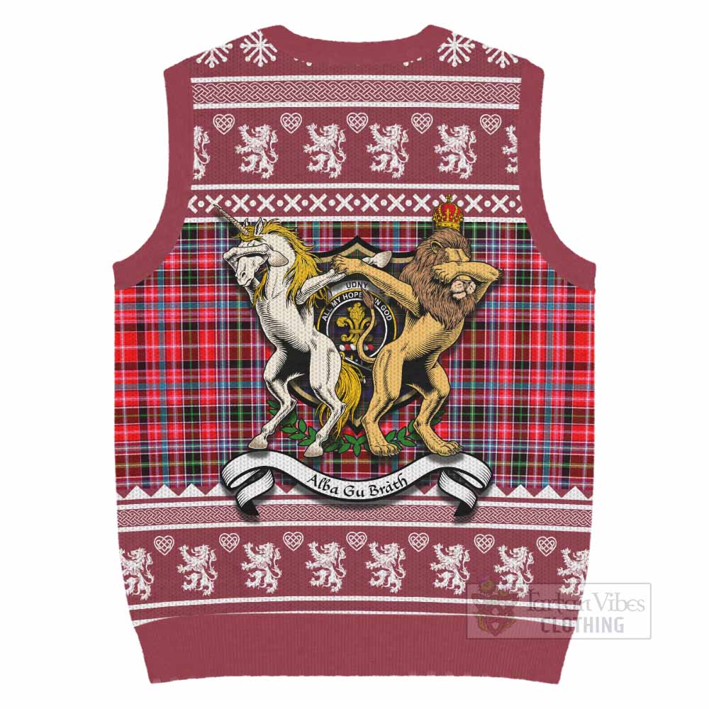 Udny Clan Tartan Crest Christmas Knitted V-Neck Vest Coat of Arms Funny Style - Tartan Vibes Clothing