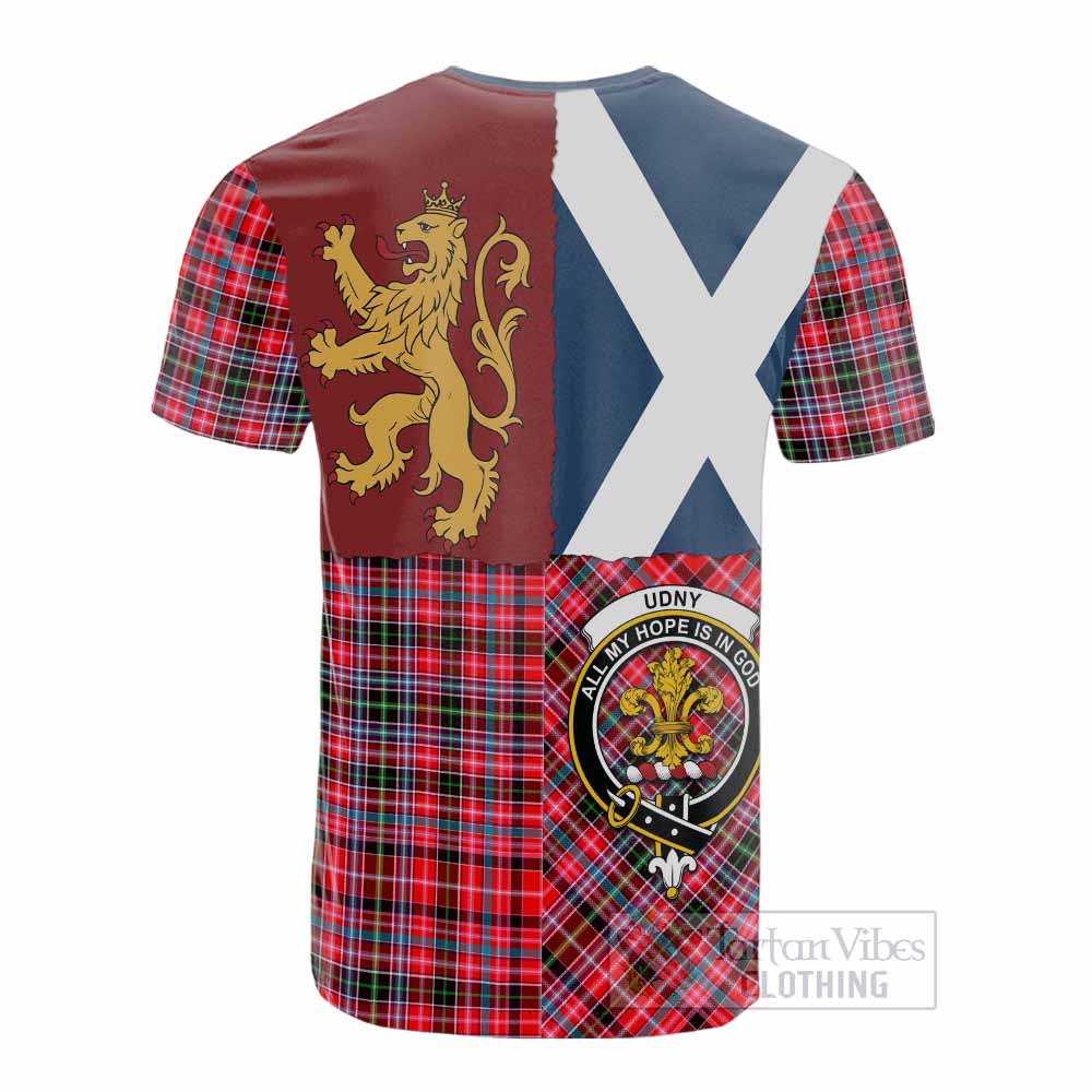 Udny Crest Tartan Cotton T-shirt with Lion Rampant Saltire Style - Tartan Vibes Clothing