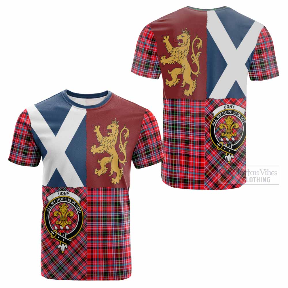 Udny Crest Tartan Cotton T-shirt with Lion Rampant Saltire Style - Tartan Vibes Clothing