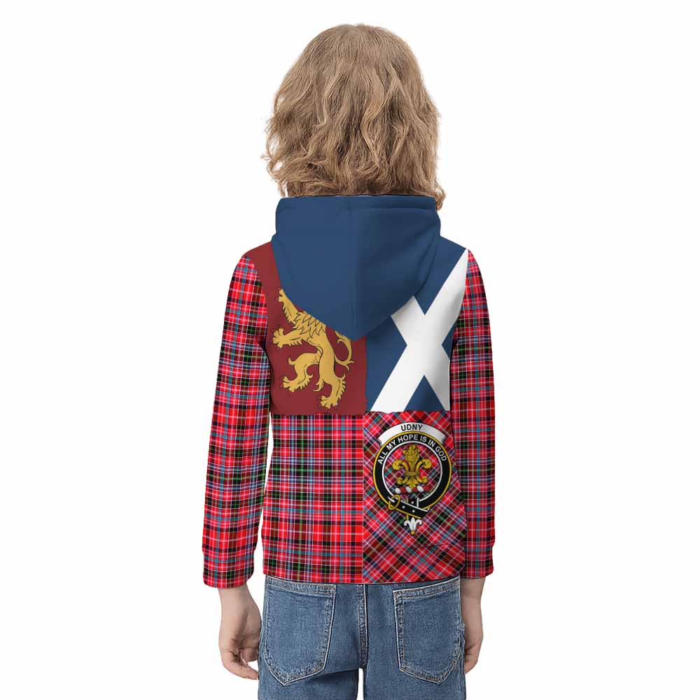 Udny Crest Tartan Kid Hoodie with Lion Rampant Saltire Style - Tartan Vibes Clothing