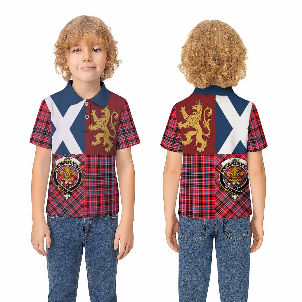 Udny Crest Tartan Kid Polo Shirt with Lion Rampant Saltire Style - Tartan Vibes Clothing