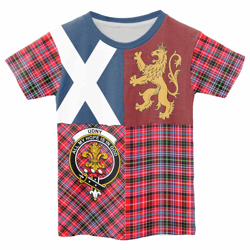 Udny Crest Tartan Kid T-shirt with Lion Rampant Saltire Style - Tartan Vibes Clothing