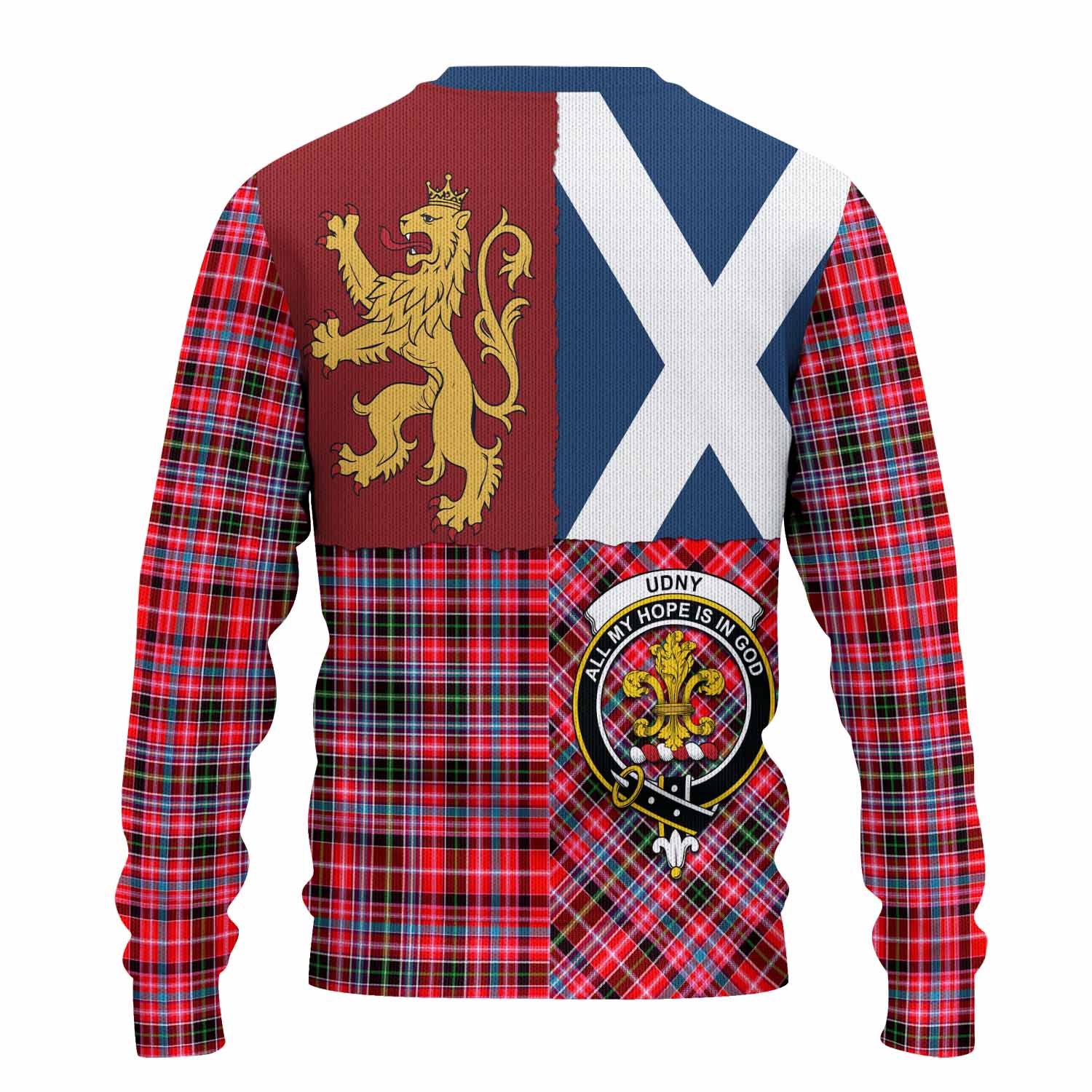 Udny Crest Tartan Knitted Sweater with Lion Rampant Saltire Style