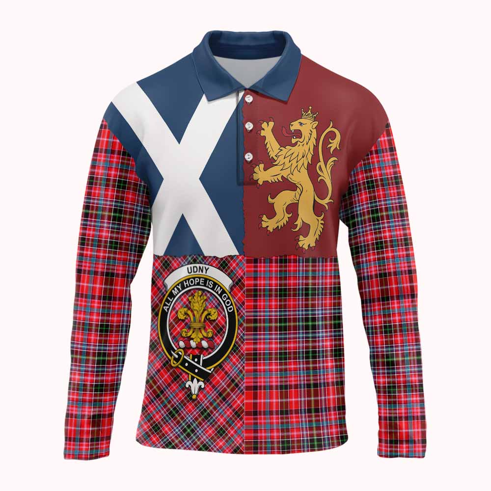 Udny Crest Tartan Long Sleeve Polo Shirt with Lion Rampant Saltire Style