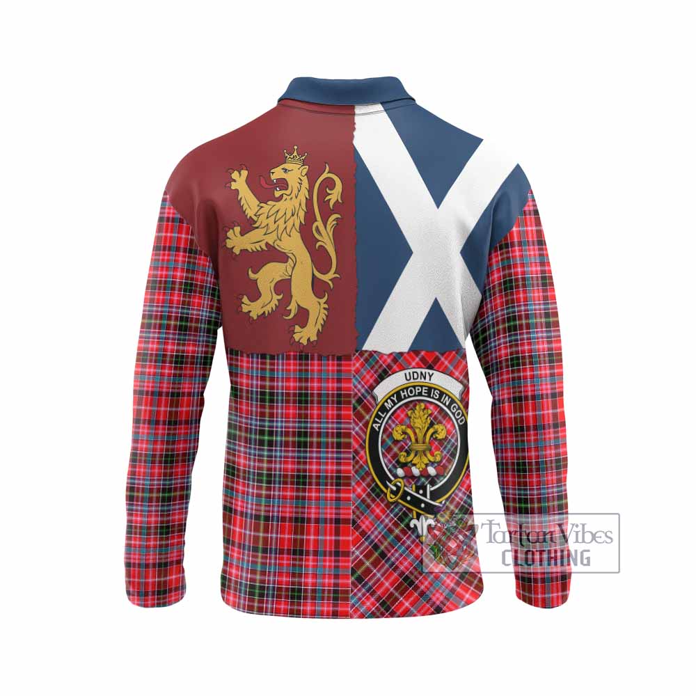 Udny Crest Tartan Long Sleeve Polo Shirt with Lion Rampant Saltire Style