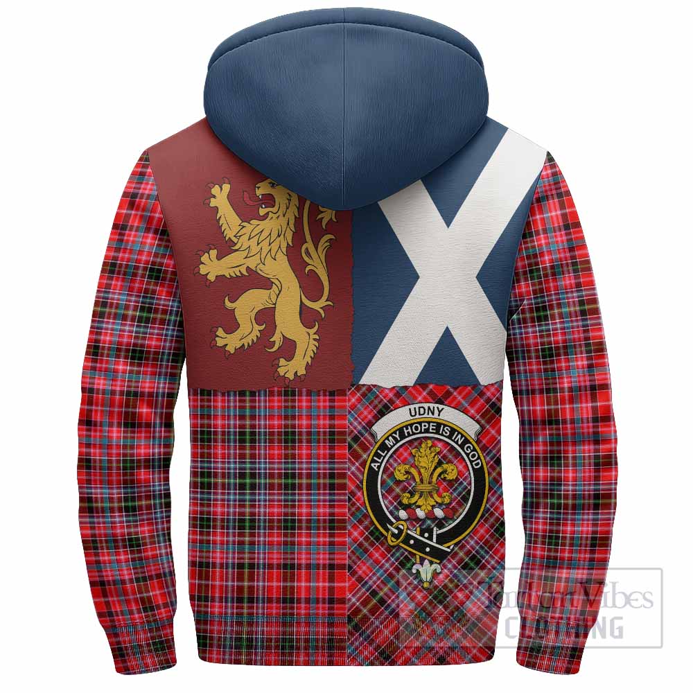 Udny Crest Tartan Sherpa Hoodie with Lion Rampant Saltire Style