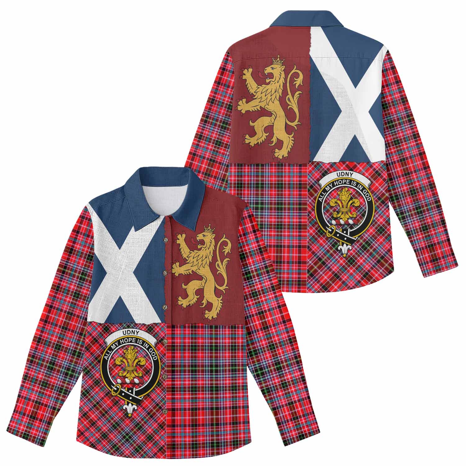 Udny Crest Tartan Women Casual Shirt with Lion Rampant Saltire Style