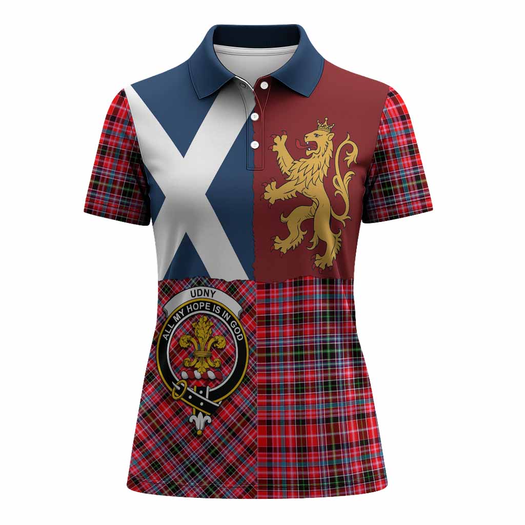 Udny Crest Tartan Women Polo Shirt with Lion Rampant Saltire Style