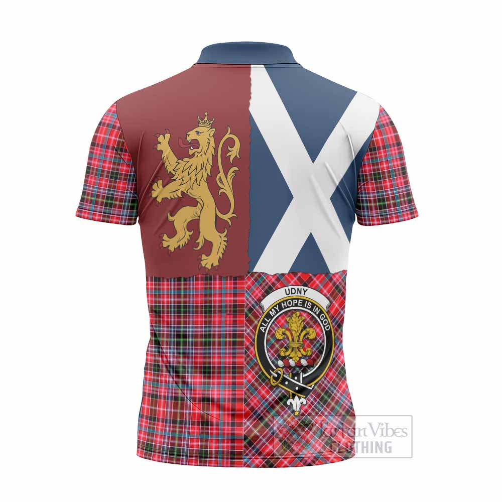 Udny Crest Tartan Zipper Polo Shirt with Lion Rampant Saltire Style