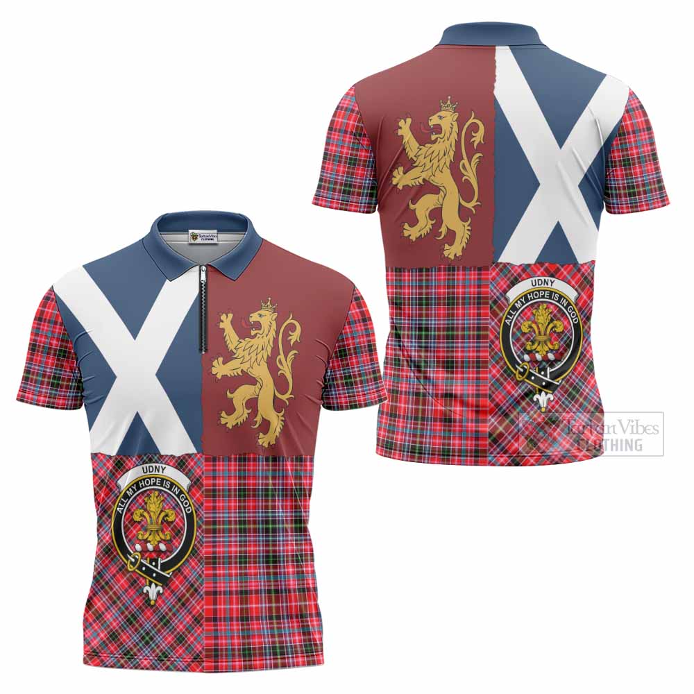Udny Crest Tartan Zipper Polo Shirt with Lion Rampant Saltire Style