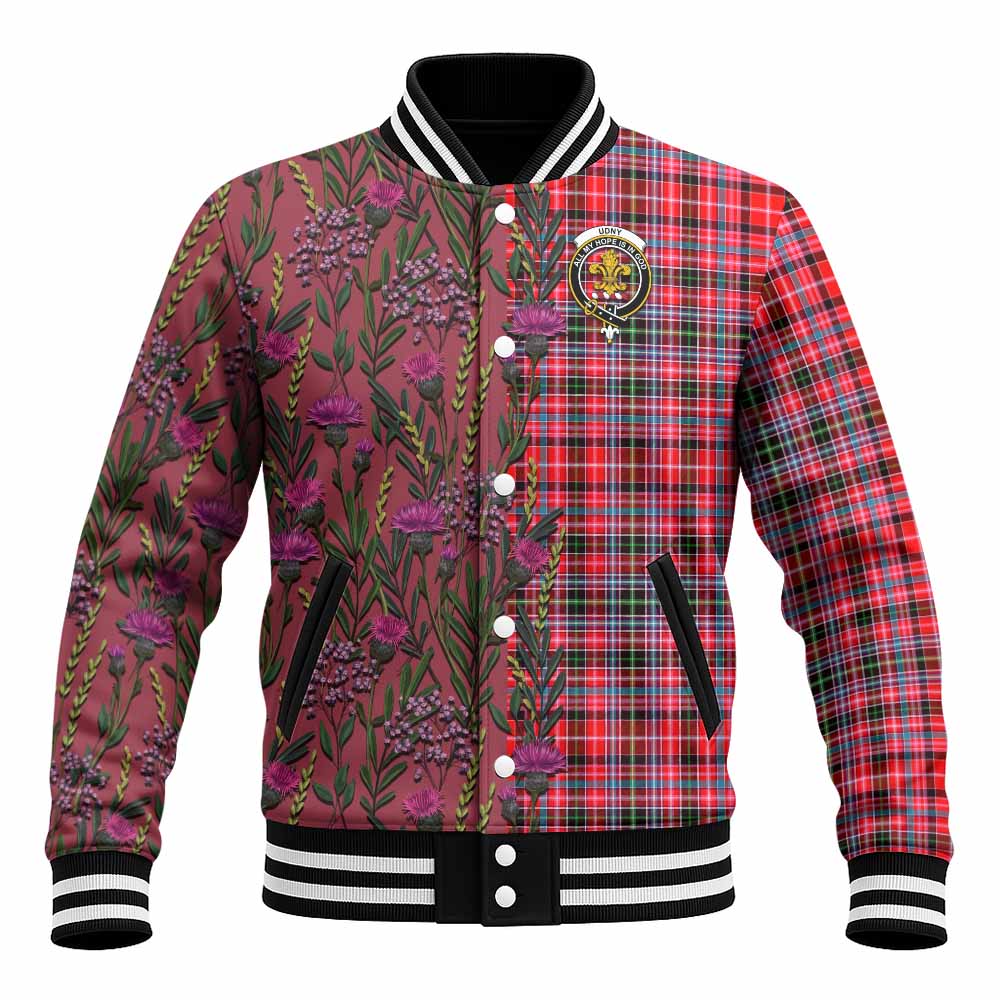 Udny Family Crest Tartan Baseball Jacket Scottish Thistle Flower Pattern Half Style - Tartan Vibes Clothing