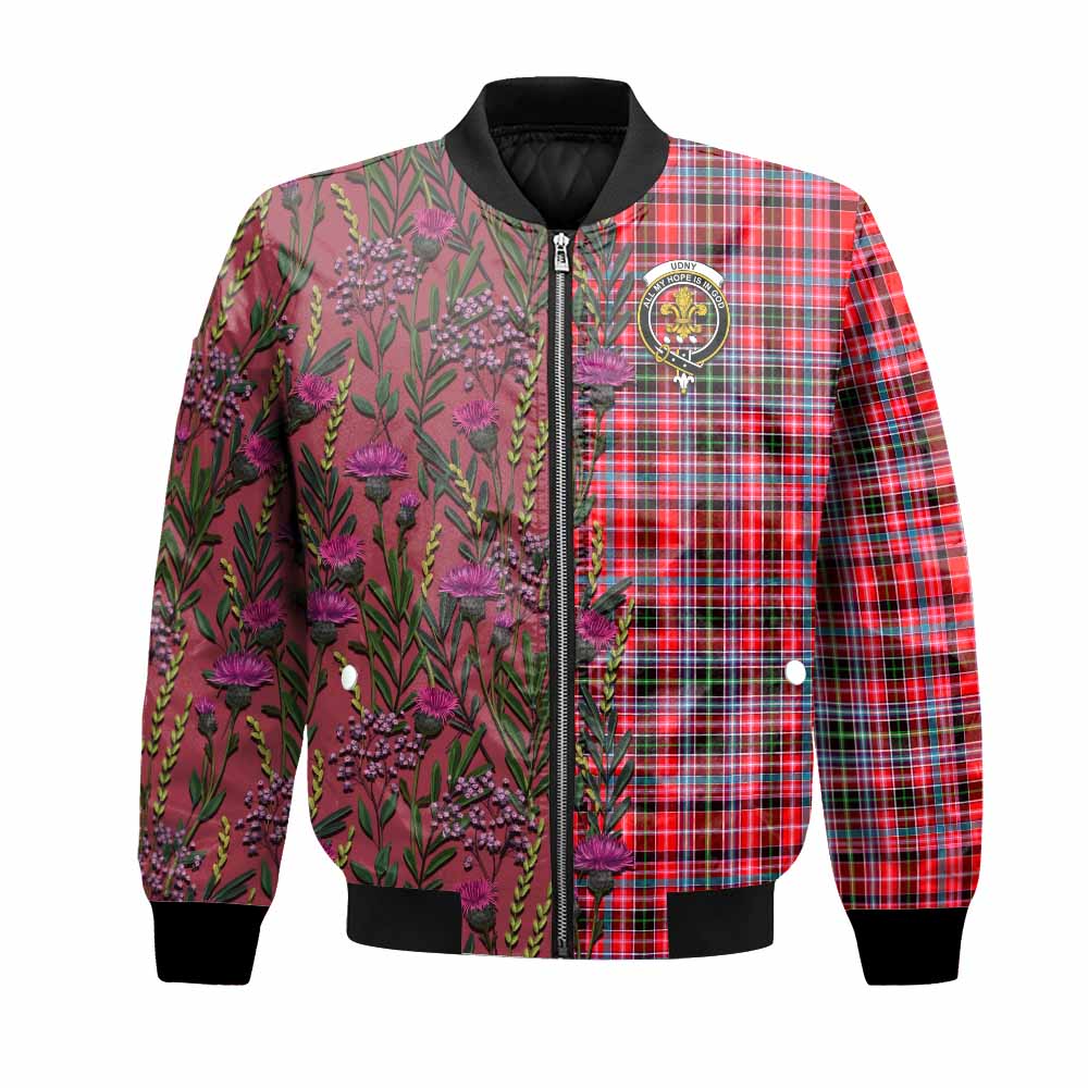 Udny Family Crest Tartan Bomber Jacket Scottish Thistle Flower Pattern Half Style - Tartan Vibes Clothing