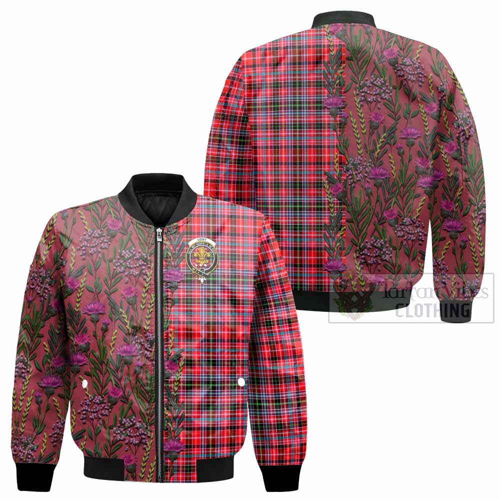 Udny Family Crest Tartan Bomber Jacket Scottish Thistle Flower Pattern Half Style - Tartan Vibes Clothing