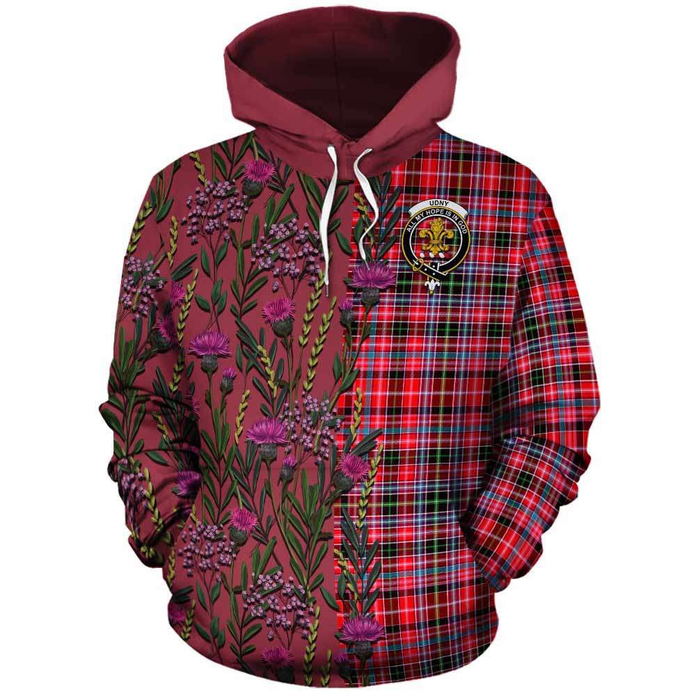Udny Family Crest Tartan Cotton Hoodie Scottish Thistle Flower Pattern Half Style - Tartan Vibes Clothing