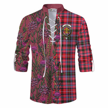 Udny Family Crest Tartan Ghillie Shirt Scottish Thistle Flower Pattern Half Style - Tartan Vibes Clothing