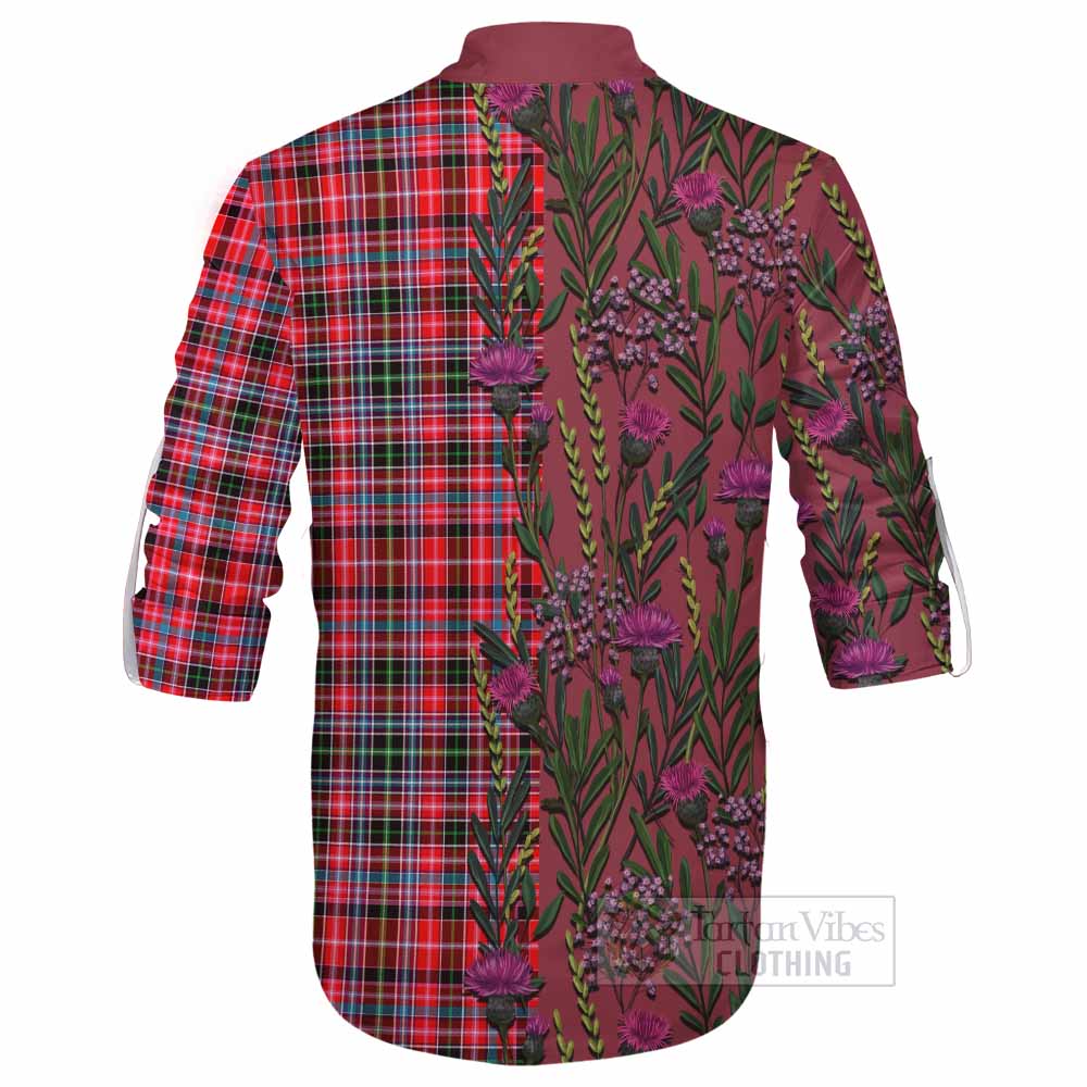 Udny Family Crest Tartan Ghillie Shirt Scottish Thistle Flower Pattern Half Style - Tartan Vibes Clothing