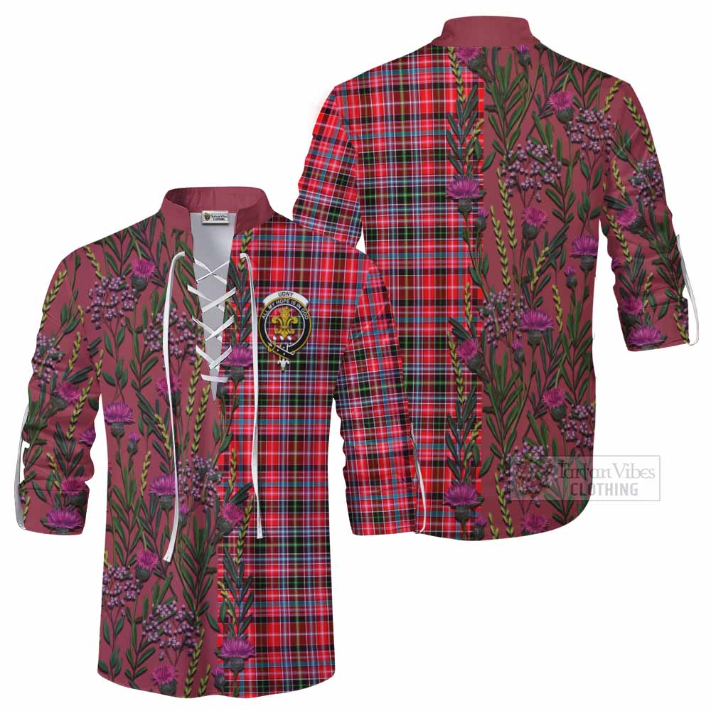 Udny Family Crest Tartan Ghillie Shirt Scottish Thistle Flower Pattern Half Style - Tartan Vibes Clothing
