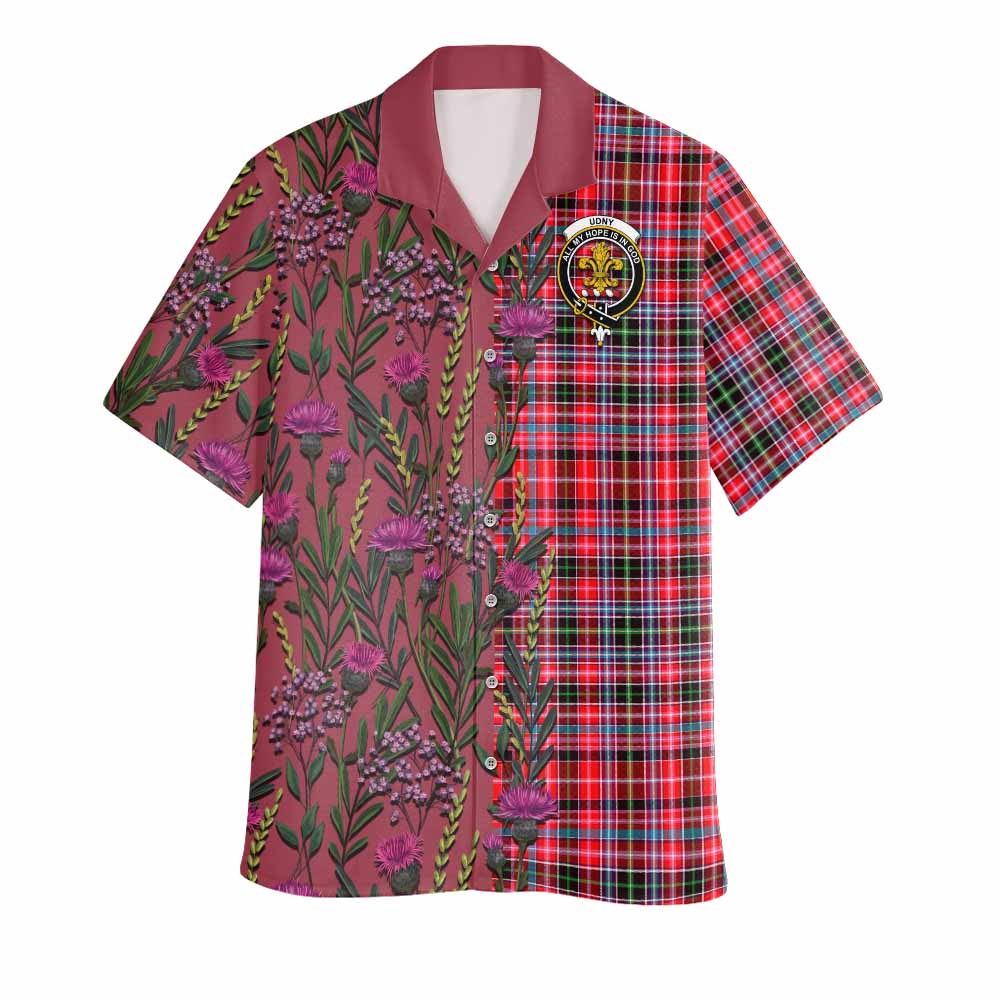 Udny Family Crest Tartan Hawaiian Shirt Scottish Thistle Flower Pattern Half Style - Tartan Vibes Clothing