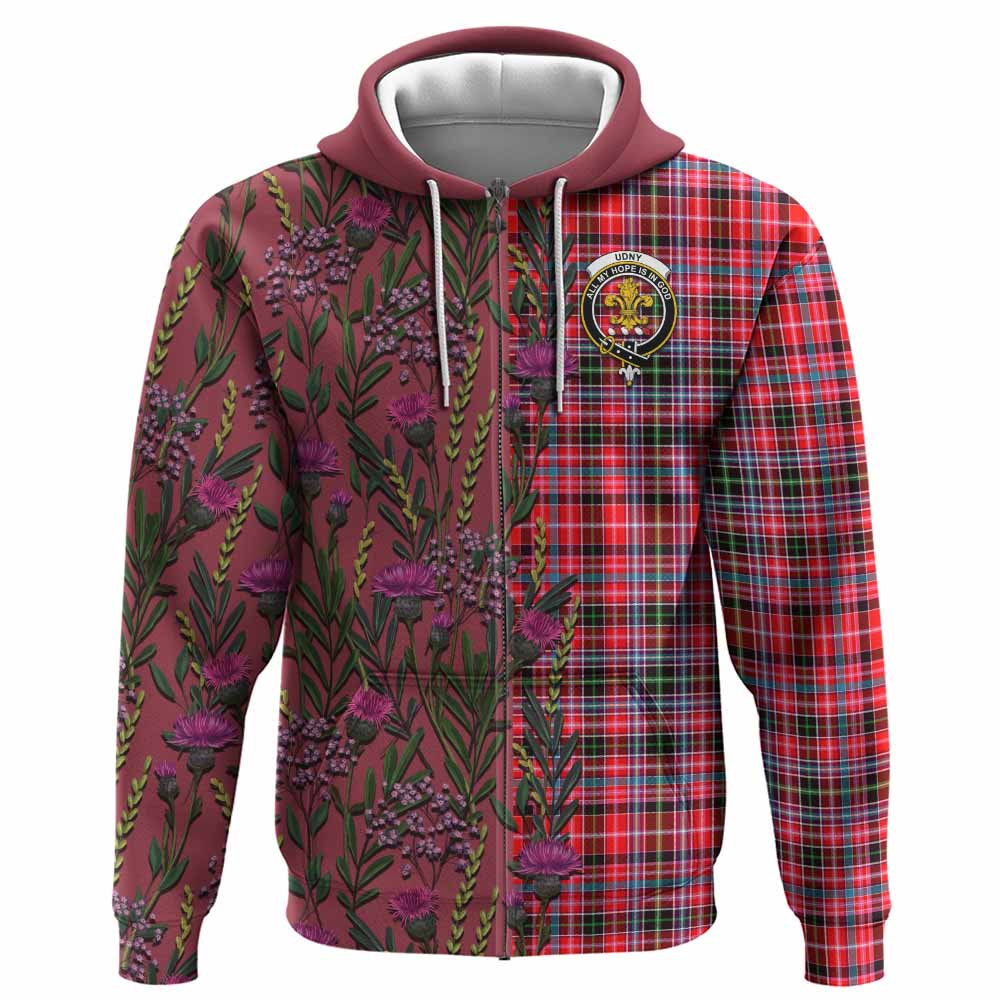 Udny Family Crest Tartan Hoodie Scottish Thistle Flower Pattern Half Style - Tartan Vibes Clothing
