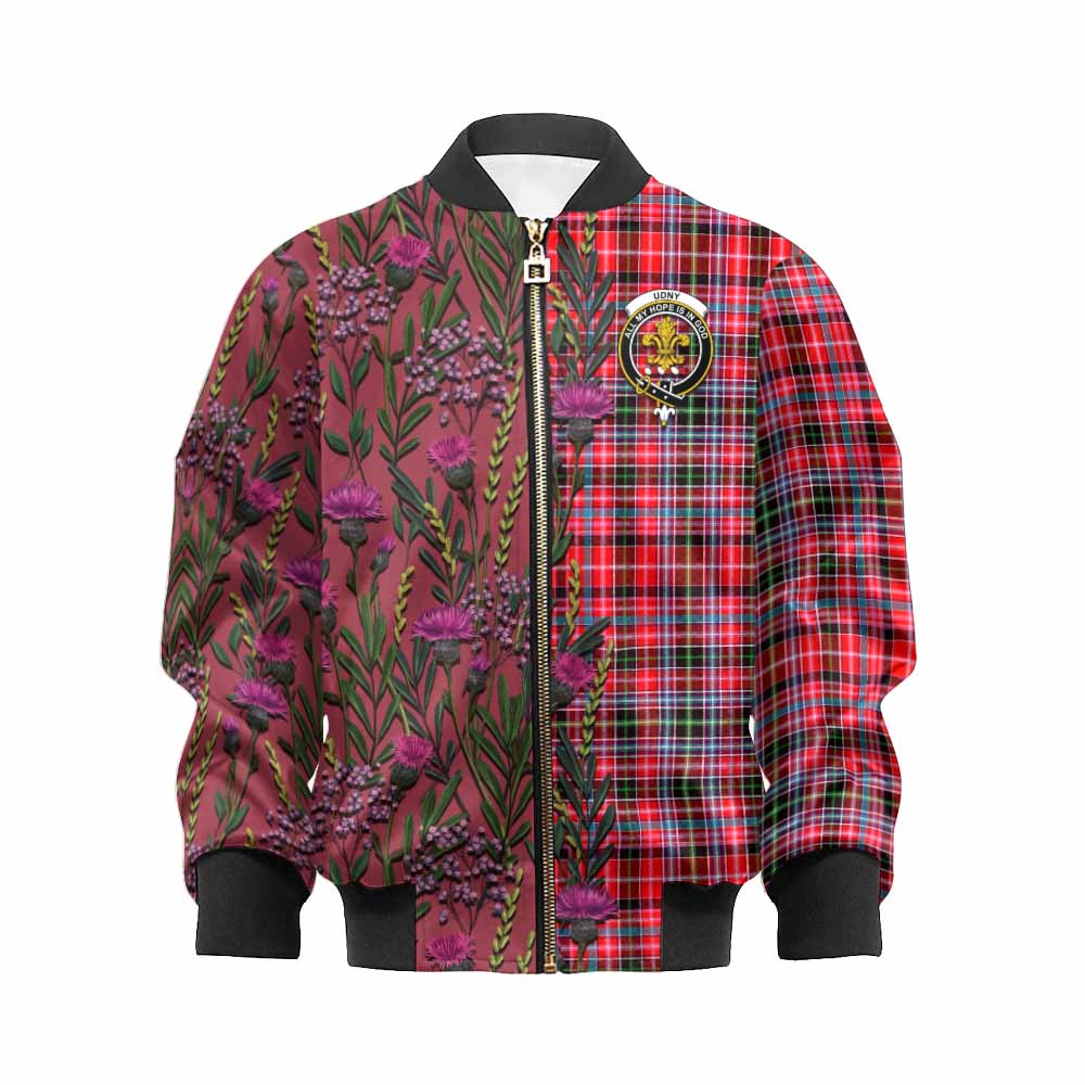 Udny Family Crest Tartan Kid Bomber Jacket Scottish Thistle Flower Pattern Half Style - Tartan Vibes Clothing