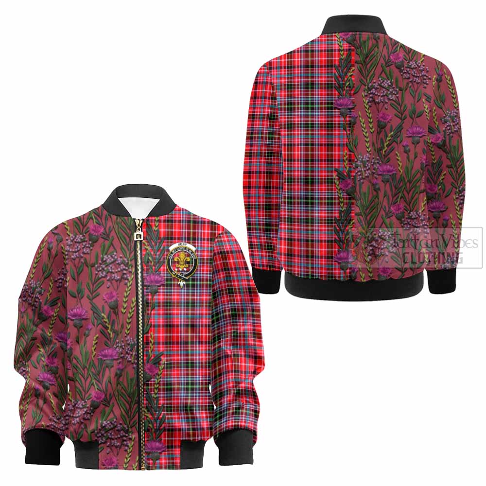 Udny Family Crest Tartan Kid Bomber Jacket Scottish Thistle Flower Pattern Half Style - Tartan Vibes Clothing