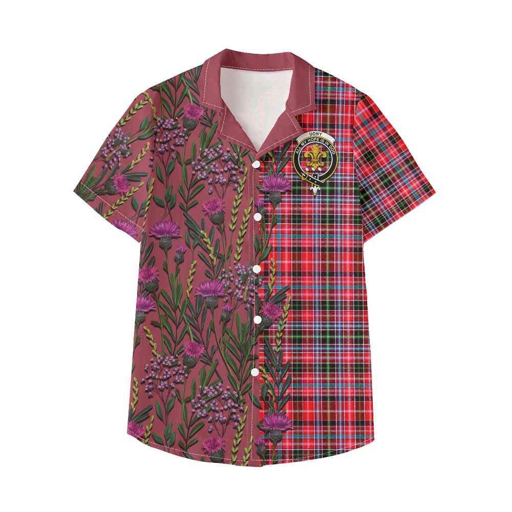 Udny Family Crest Tartan Kid Hawaiian Shirt Scottish Thistle Flower Pattern Half Style - Tartan Vibes Clothing