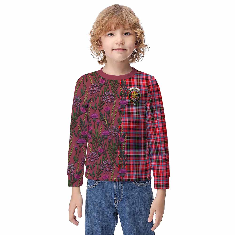 Udny Family Crest Tartan Kid Knitted Sweatshirt Scottish Thistle Flower Pattern Half Style - Tartan Vibes Clothing