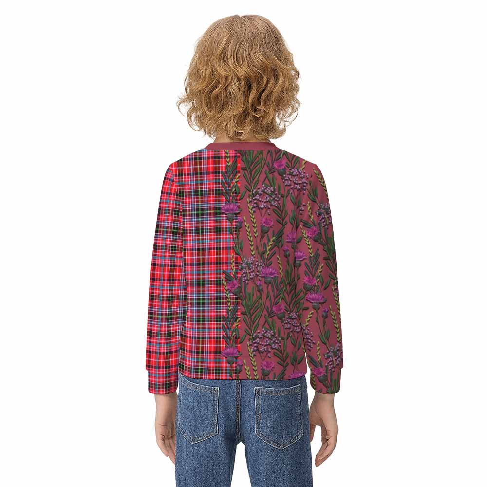 Udny Family Crest Tartan Kid Knitted Sweatshirt Scottish Thistle Flower Pattern Half Style - Tartan Vibes Clothing