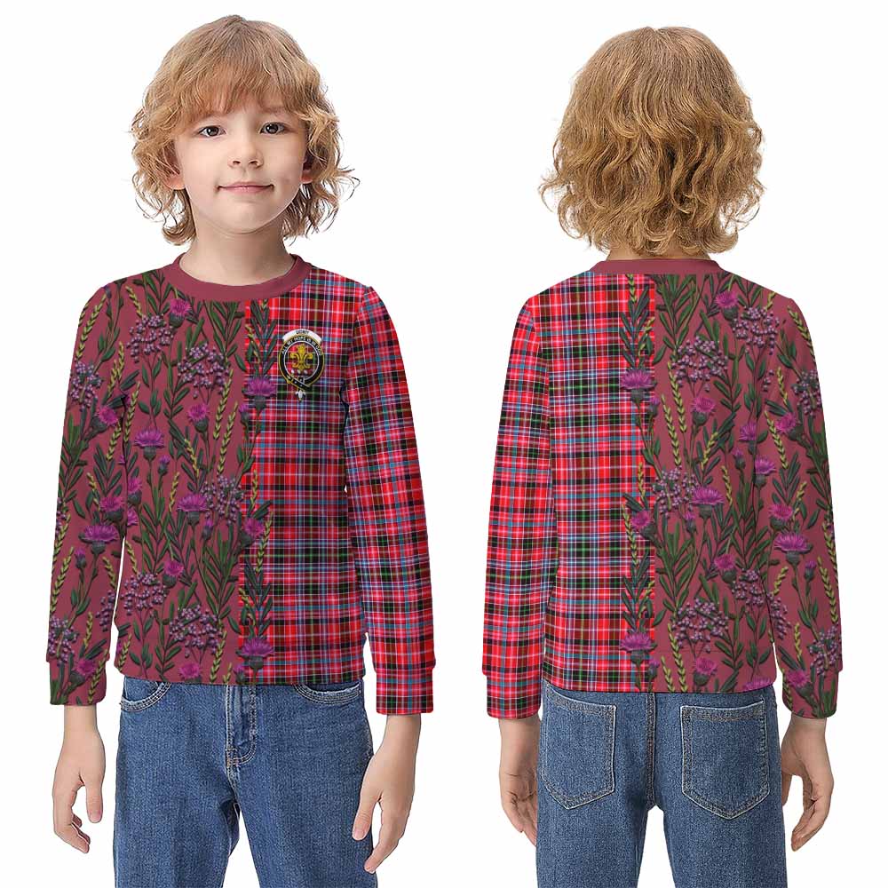 Udny Family Crest Tartan Kid Knitted Sweatshirt Scottish Thistle Flower Pattern Half Style - Tartan Vibes Clothing