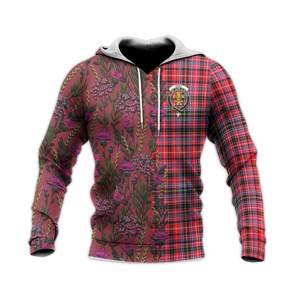 Udny Family Crest Tartan Knitted Hoodie Scottish Thistle Flower Pattern Half Style - Tartan Vibes Clothing