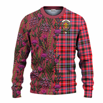 Udny Family Crest Tartan Knitted Sweater Scottish Thistle Flower Pattern Half Style - Tartan Vibes Clothing