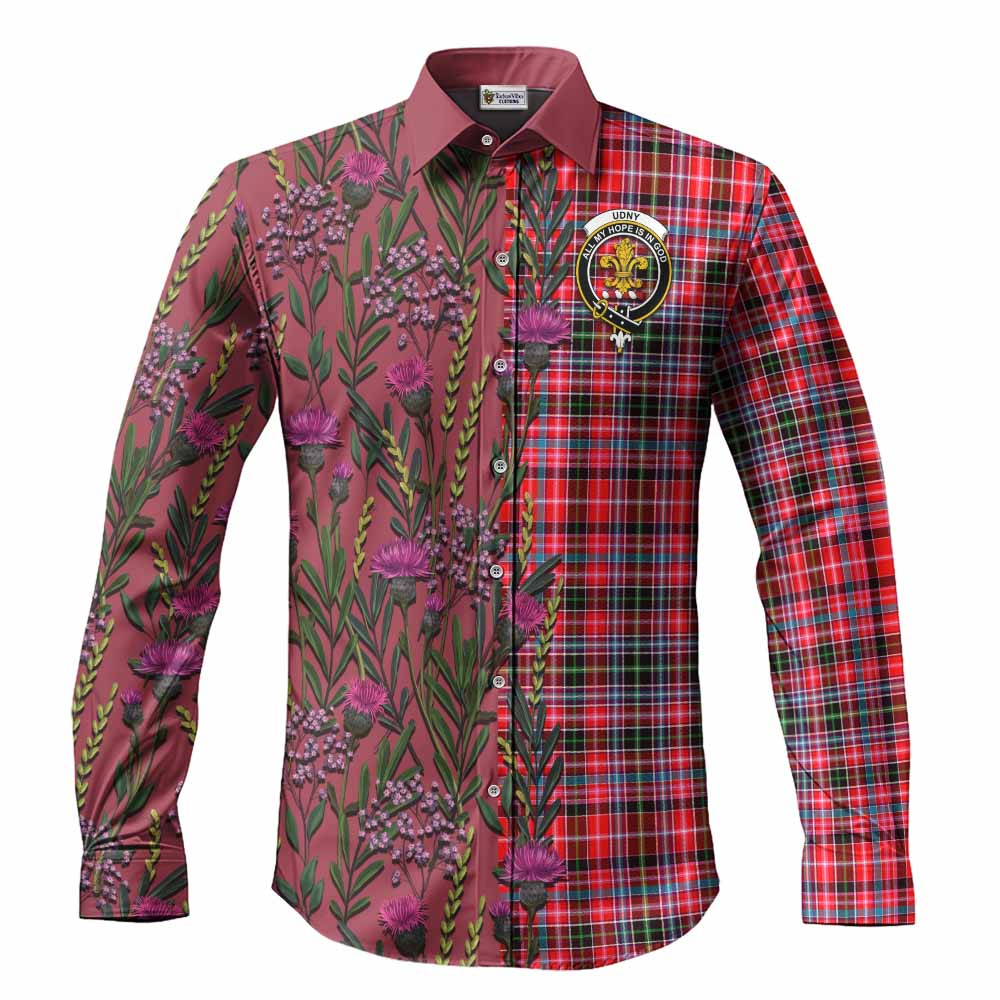 Udny Family Crest Tartan Long Sleeve Button Shirts Scottish Thistle Flower Pattern Half Style - Tartan Vibes Clothing