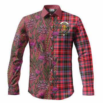Udny Family Crest Tartan Long Sleeve Button Shirts Scottish Thistle Flower Pattern Half Style - Tartan Vibes Clothing
