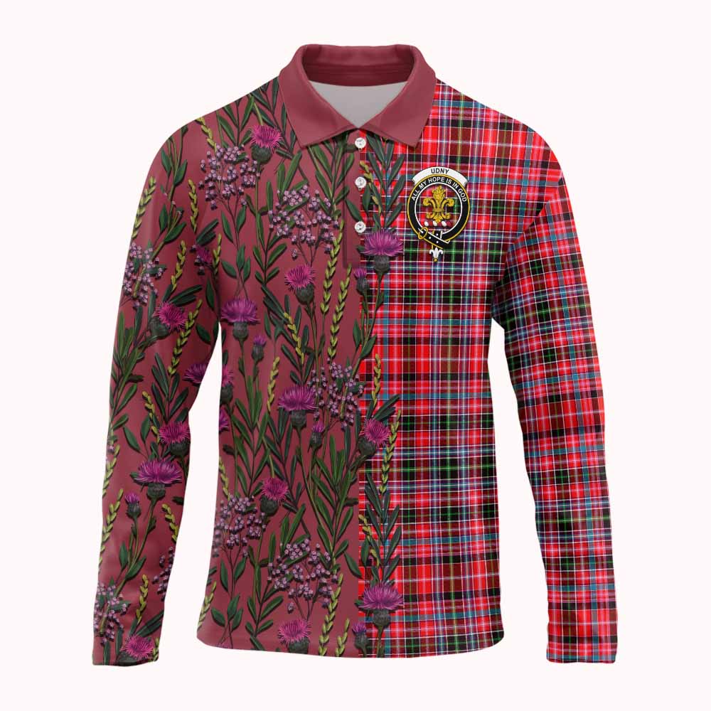 Udny Family Crest Tartan Long Sleeve Polo Shirt Scottish Thistle Flower Pattern Half Style - Tartan Vibes Clothing