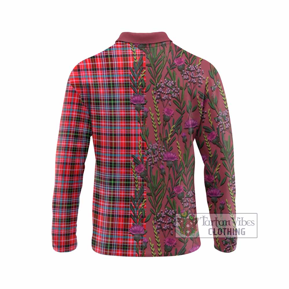 Udny Family Crest Tartan Long Sleeve Polo Shirt Scottish Thistle Flower Pattern Half Style - Tartan Vibes Clothing