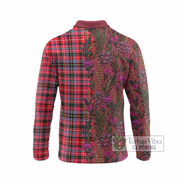 Udny Family Crest Tartan Long Sleeve Polo Shirt Scottish Thistle Flower Pattern Half Style - Tartan Vibes Clothing