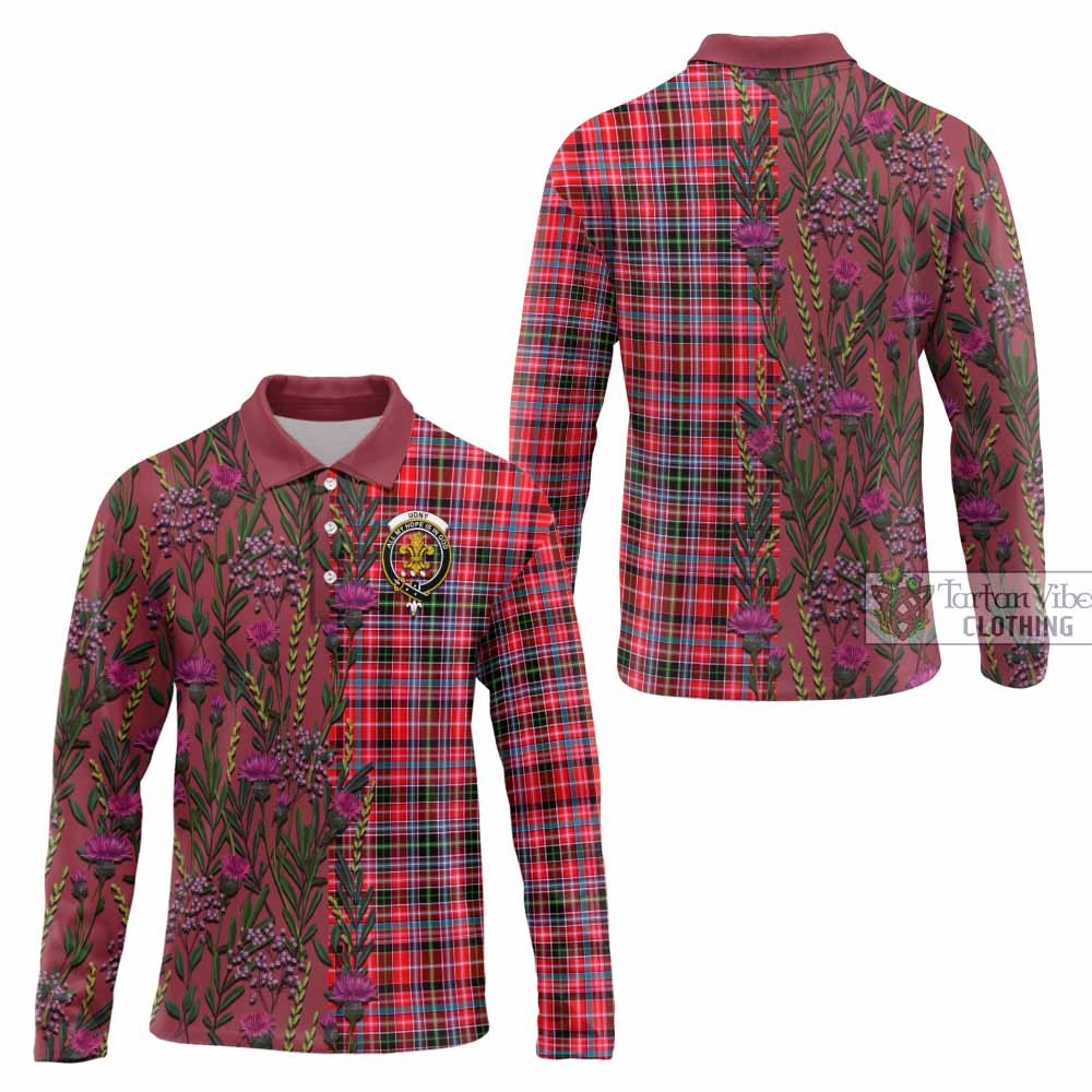 Udny Family Crest Tartan Long Sleeve Polo Shirt Scottish Thistle Flower Pattern Half Style - Tartan Vibes Clothing
