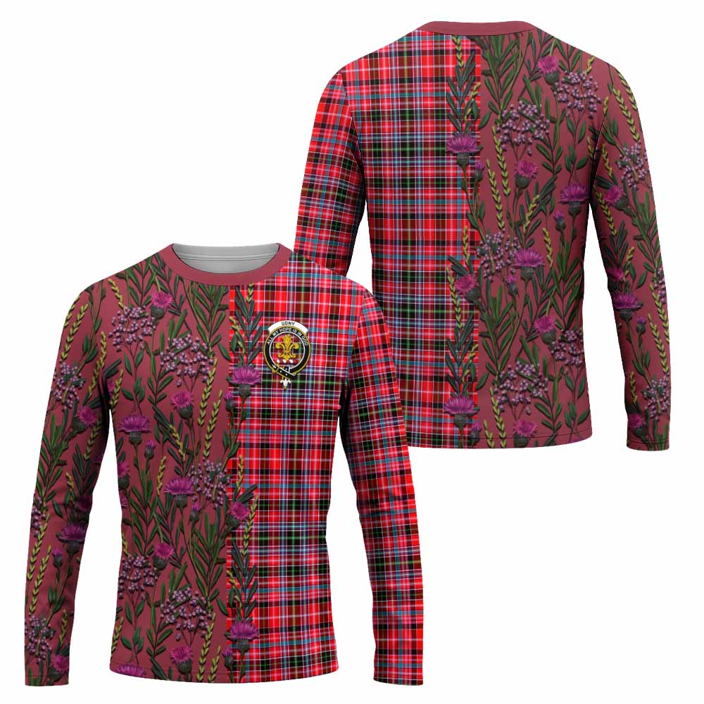 Udny Family Crest Tartan Long Sleeve T-Shirt Scottish Thistle Flower Pattern Half Style - Tartan Vibes Clothing
