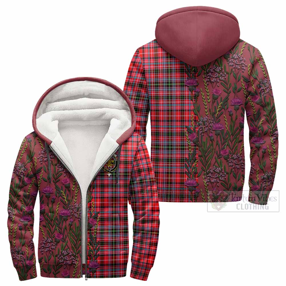 Udny Family Crest Tartan Sherpa Hoodie Scottish Thistle Flower Pattern Half Style - Tartan Vibes Clothing