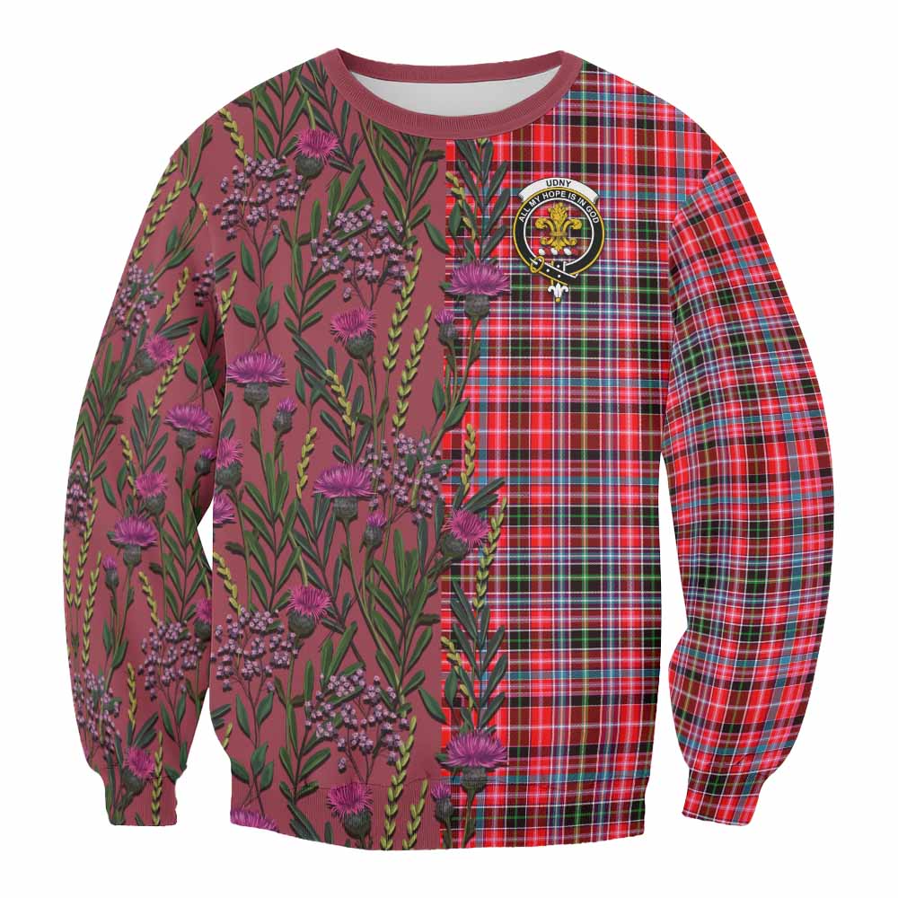Udny Family Crest Tartan Sweatshirt Scottish Thistle Flower Pattern Half Style - Tartan Vibes Clothing