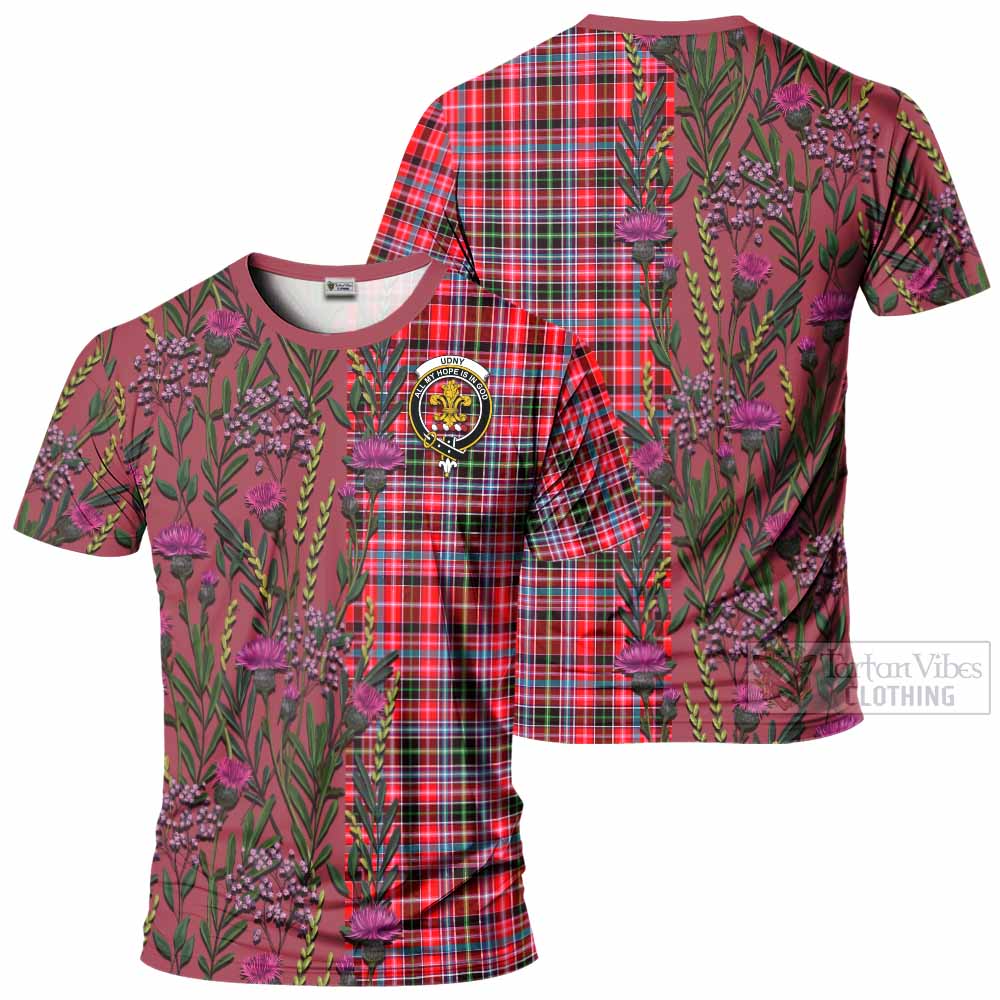 Udny Family Crest Tartan T-Shirt Scottish Thistle Flower Pattern Half Style - Tartan Vibes Clothing