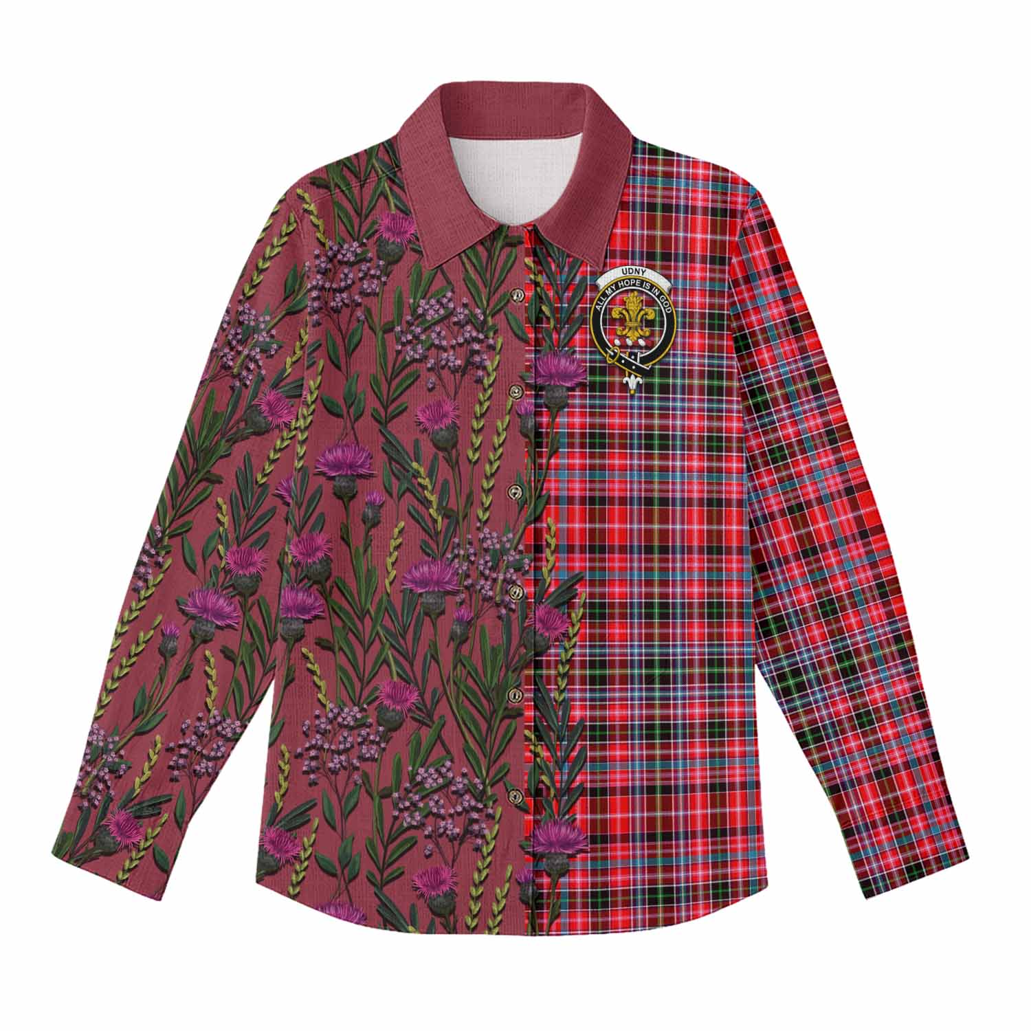 Udny Family Crest Tartan Women Casual Shirt Scottish Thistle Flower Pattern Half Style - Tartan Vibes Clothing