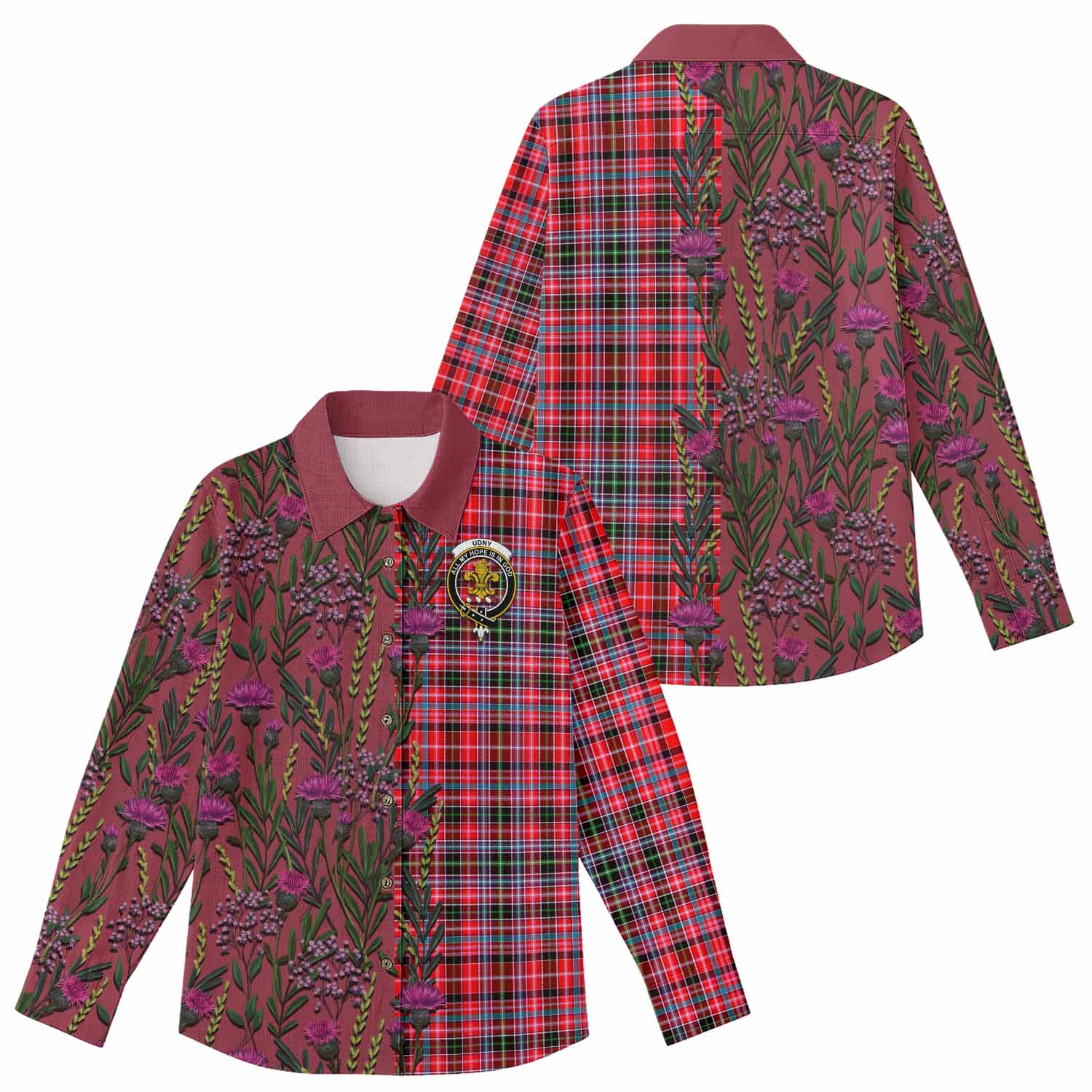 Udny Family Crest Tartan Women Casual Shirt Scottish Thistle Flower Pattern Half Style - Tartan Vibes Clothing