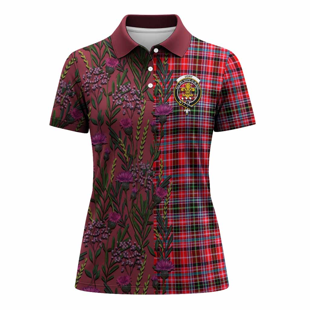 Udny Family Crest Tartan Women Polo Shirt Scottish Thistle Flower Pattern Half Style - Tartan Vibes Clothing