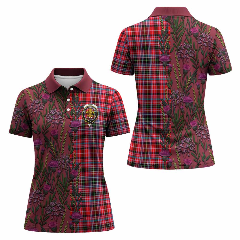 Udny Family Crest Tartan Women Polo Shirt Scottish Thistle Flower Pattern Half Style - Tartan Vibes Clothing