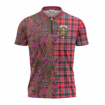 Udny Family Crest Tartan Zipper Polo Shirt Scottish Thistle Flower Pattern Half Style - Tartan Vibes Clothing