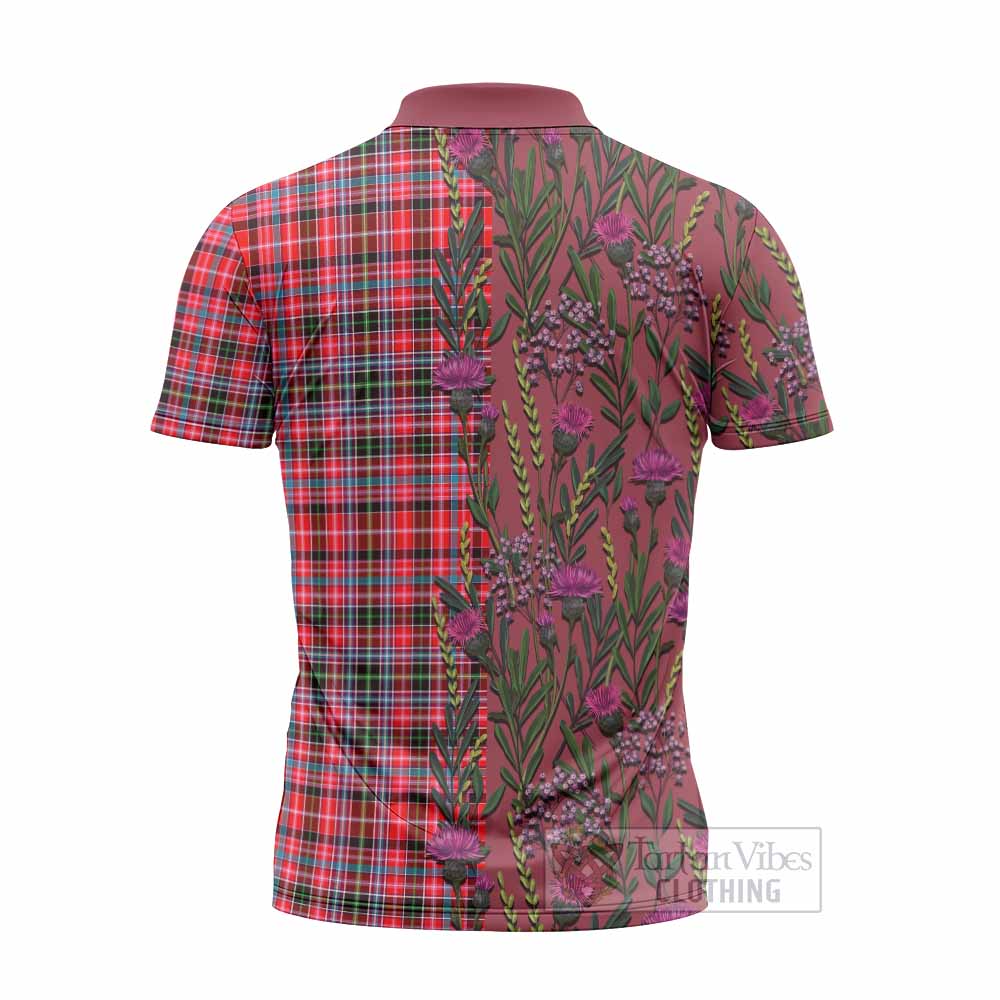 Udny Family Crest Tartan Zipper Polo Shirt Scottish Thistle Flower Pattern Half Style - Tartan Vibes Clothing
