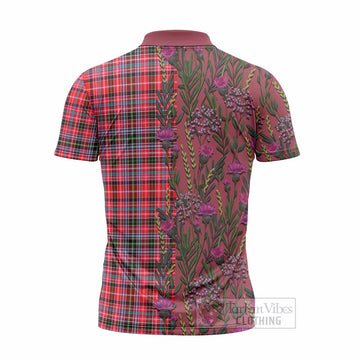 Udny Family Crest Tartan Zipper Polo Shirt Scottish Thistle Flower Pattern Half Style - Tartan Vibes Clothing